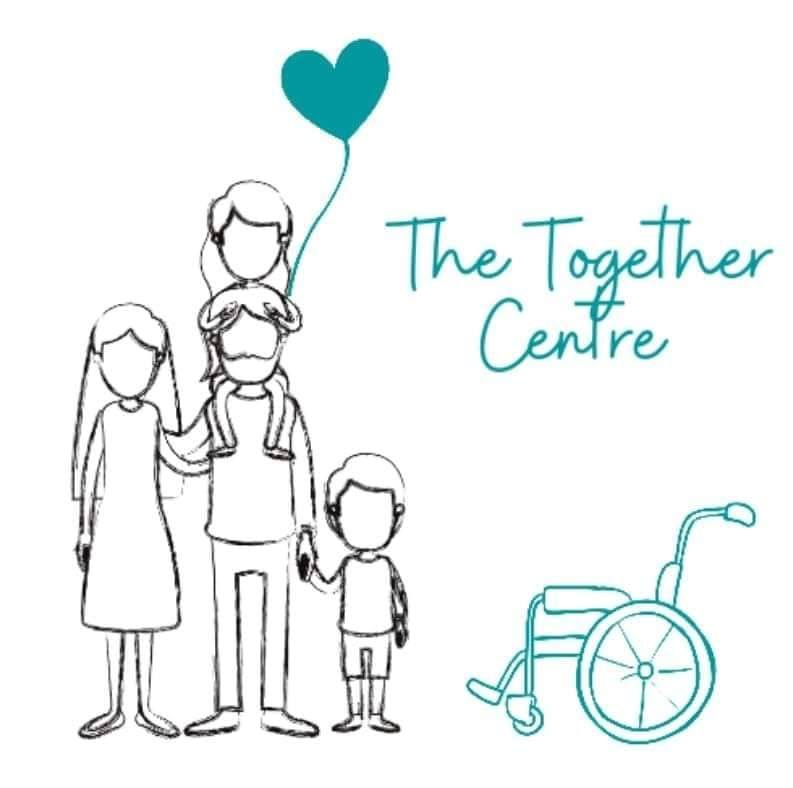 The Together Centre logo, a sketch-drawn family with a blue heart balloon and a wheelchair